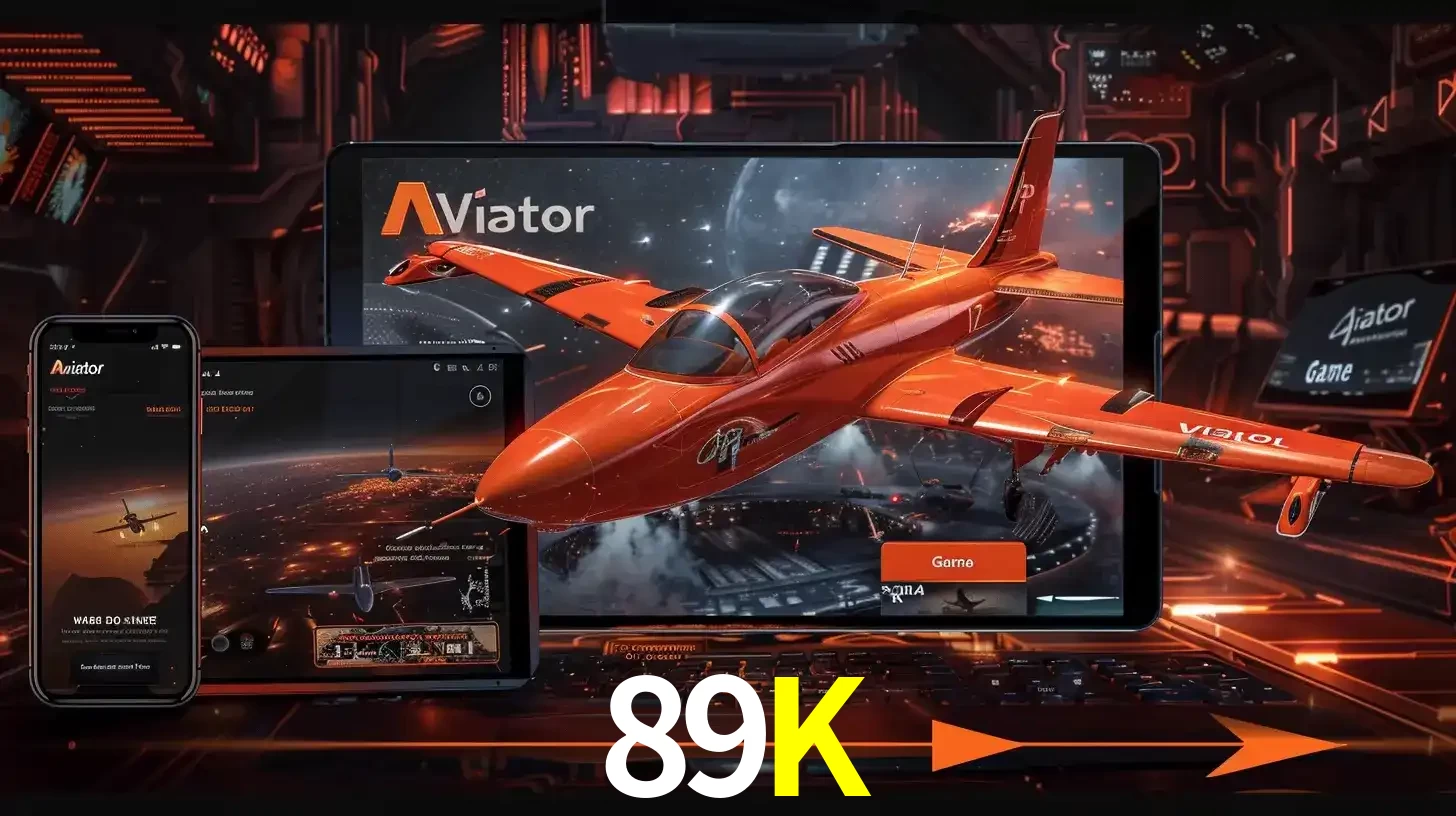 Apresentação tecnológica do jogo Aviator com um avião saindo da tela de um tablet, demonstrando a experiência imersiva em múltiplos dispositivos no 89K.