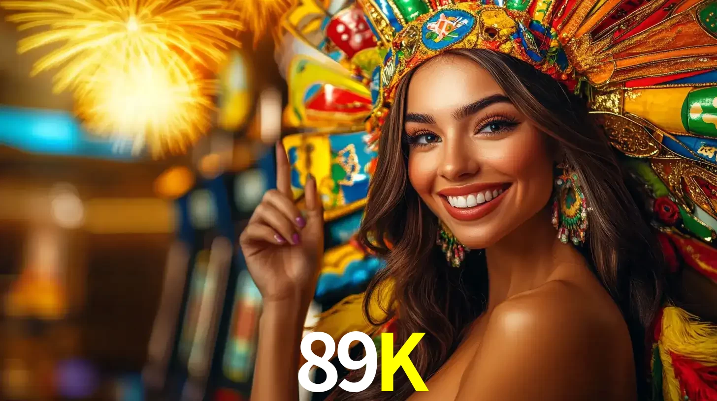 Mulher sorridente com um cocar de carnaval vibrante e colorido, celebrando uma grande vitória nos jogos do cassino 89K com fogos de artifício ao fundo.