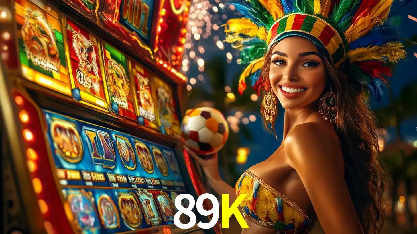 Mulher com um cocar de carnaval ao lado de uma máquina de caça-níqueis enquanto segura uma bola de futebol, mostrando a união da diversão de cassino e esportes no 89K.