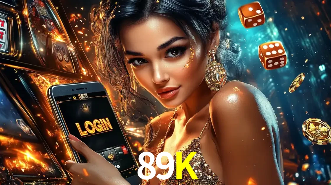 Mulher glamourosa segurando um celular com a tela de login do cassino 89K, rodeada por dados e moedas douradas, pronta para começar a diversão.