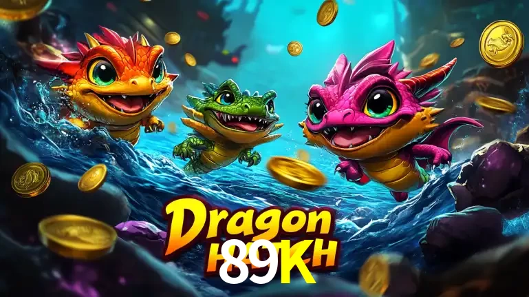 Arte promocional do jogo Dragon Hatch com três adoráveis dragões bebês nadando entre moedas de ouro, um dos slots mais divertidos para jogar no cassino 89K.