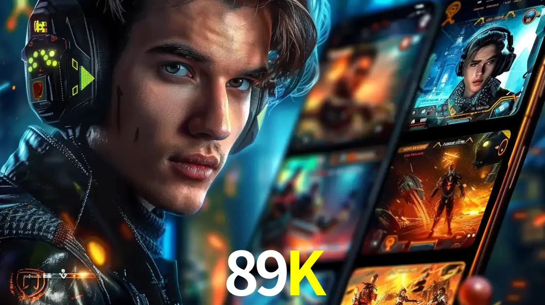 Jovem jogador com fones de ouvido olhando para a câmera, com um aplicativo de jogos e e-sports para celular ao fundo, pronto para a competição e apostas no 89K.