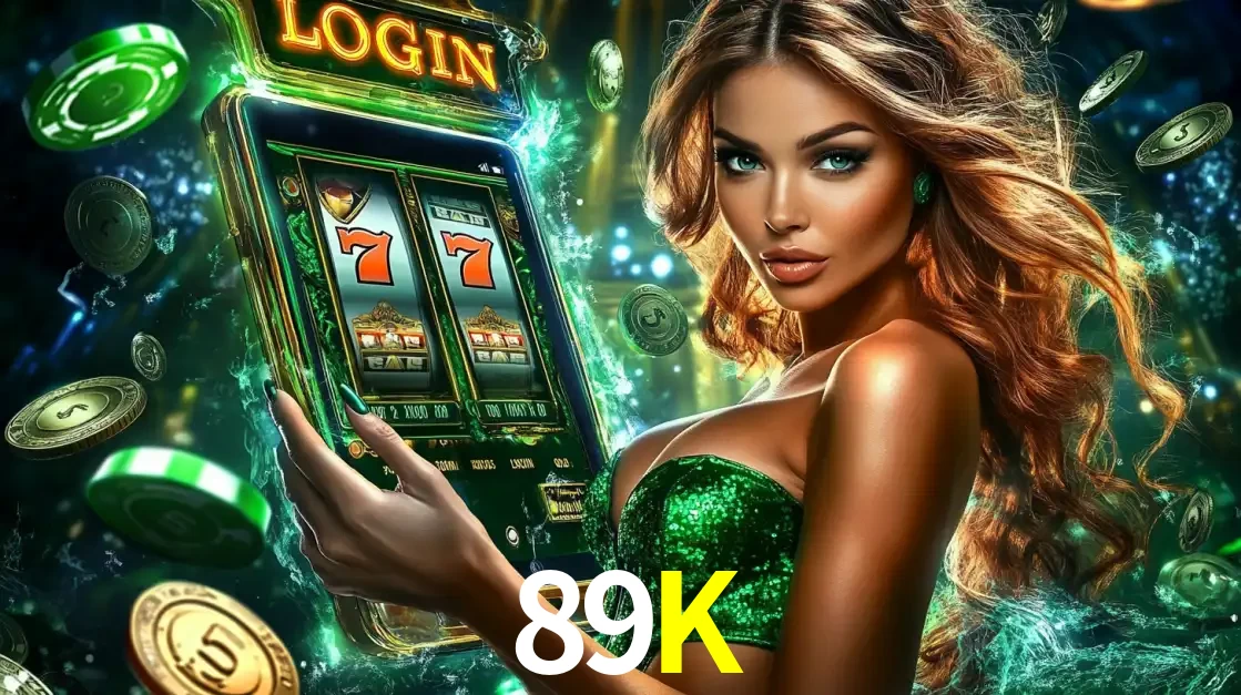 Mulher com tema verde apresentando o aplicativo do cassino 89K com um jogo de slot de 777, cercada por fichas de cassino e uma aura de sorte.