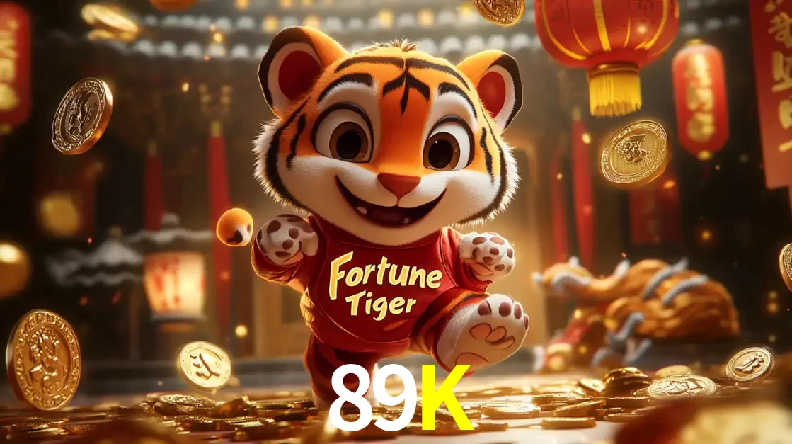 O alegre personagem do Fortune Tiger correndo sobre um caminho de moedas de ouro, simbolizando os grandes prêmios e a diversão do popular jogo de slot do 89K.