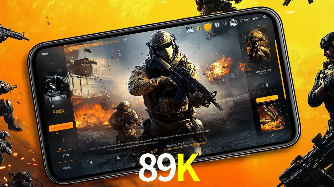 Um smartphone exibindo a interface de um jogo de tiro em primeira pessoa, com um soldado em um cenário de batalha, representando a ação dos e-sports para apostar no 89K.