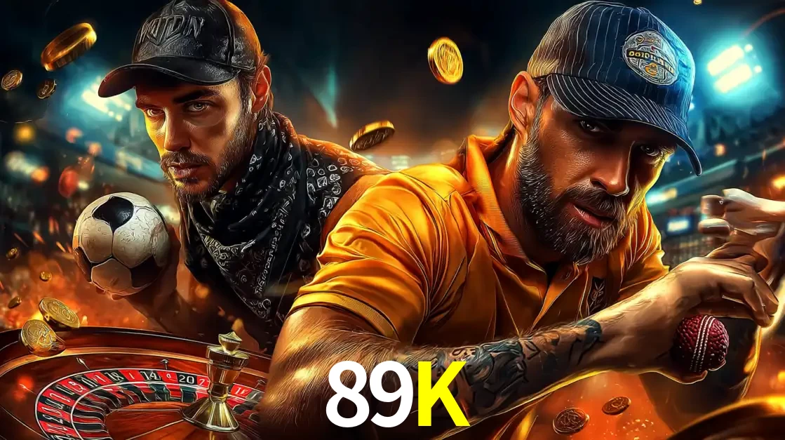 Montagem de apostas esportivas e cassino no 89K, com um homem segurando uma bola de futebol e outro uma de beisebol sobre uma roleta e moedas voadoras.