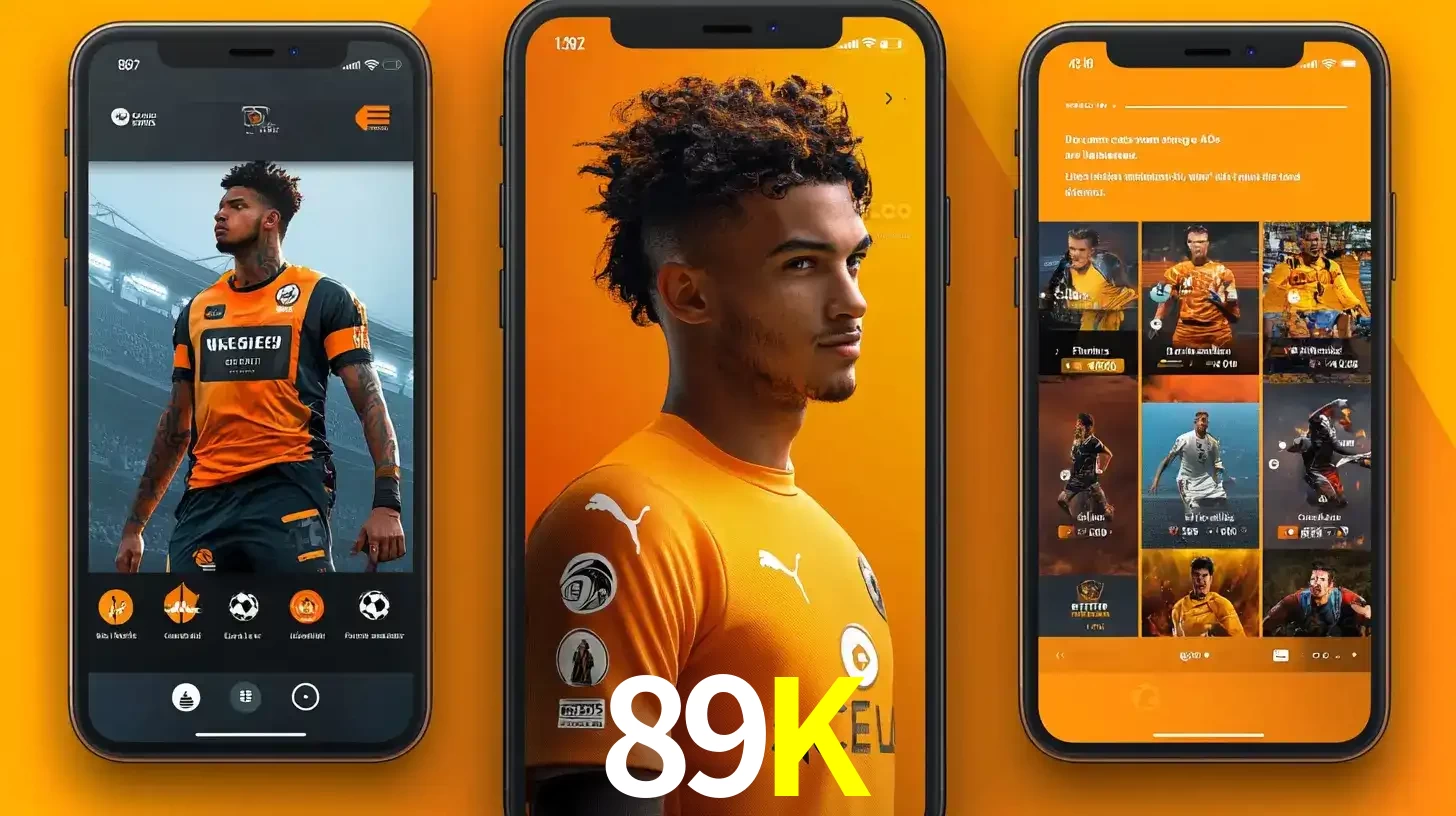 Interface do aplicativo de apostas esportivas 89K em três telas de celular, mostrando o perfil de um jogador de futebol e a lista de jogos disponíveis para apostar.
