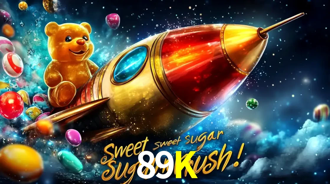 Arte promocional do jogo de slot Sugar Rush, com um urso de pelúcia em um foguete viajando pelo espaço de doces, um dos jogos divertidos disponíveis no cassino 89K.