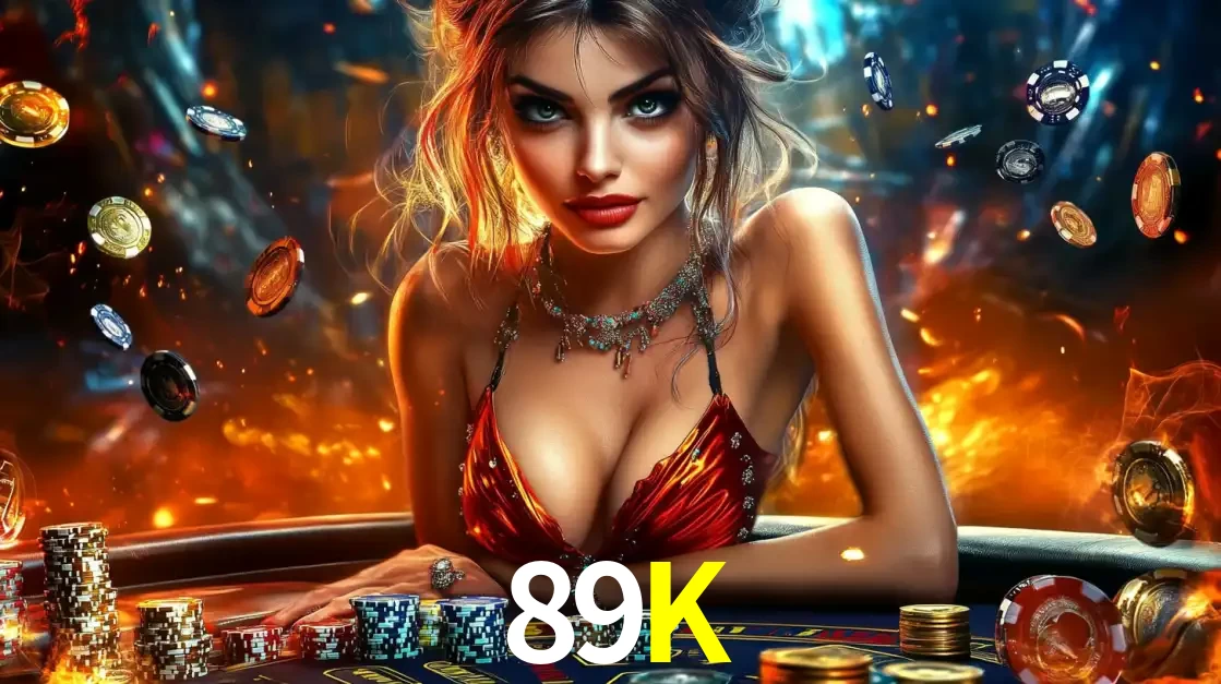 Mulher em uma mesa de cassino com pilhas de fichas e um fundo de fogo, pronta para uma rodada de altas apostas nos jogos de mesa emocionantes do cassino 89K.