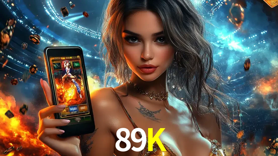 Mulher segurando um celular com um jogo de slot em destaque, tendo como fundo um estádio vibrante, simbolizando a emoção de jogar no cassino móvel 89K.