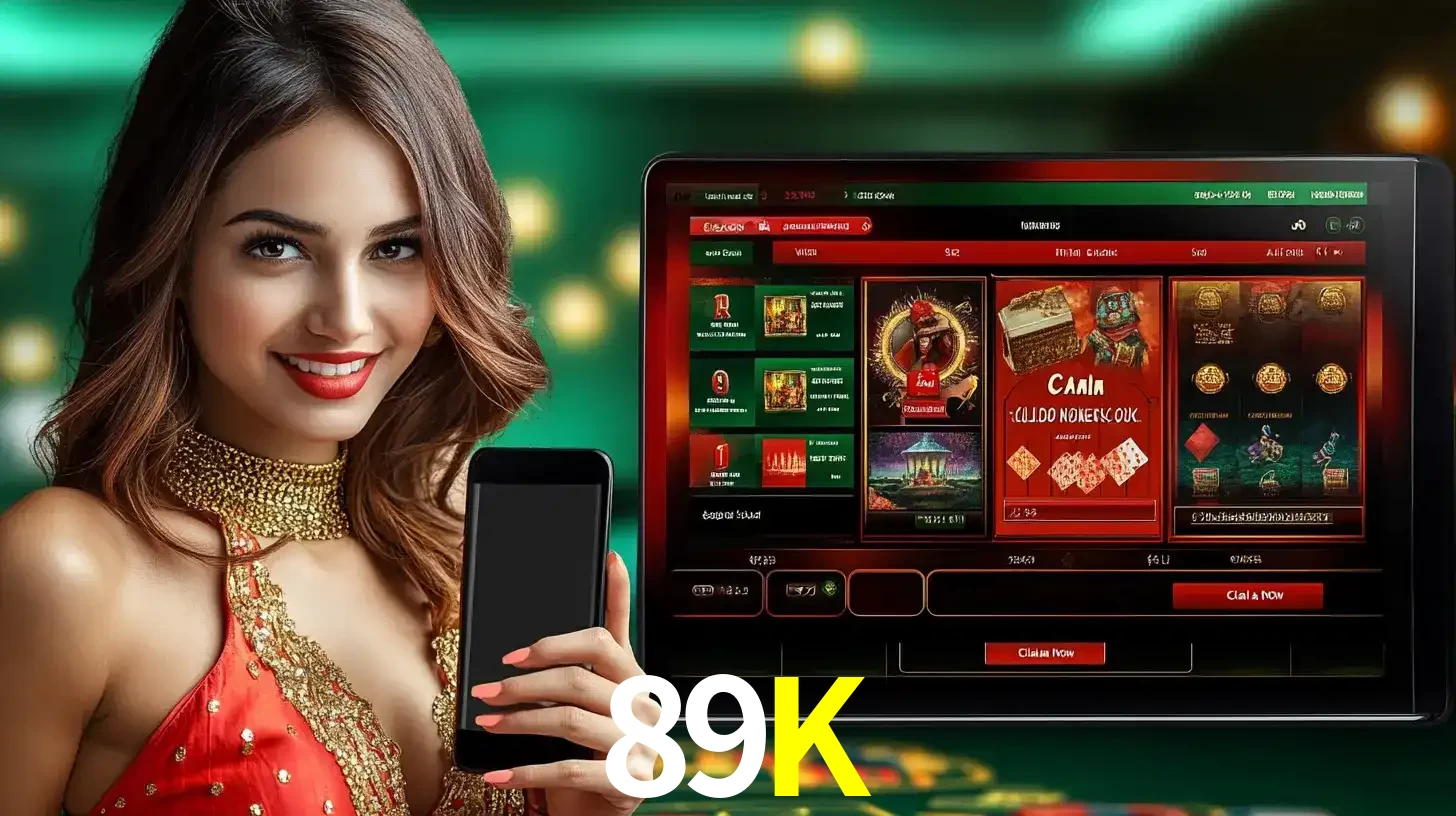 Mulher sorridente segurando um smartphone, ao lado de uma tela exibindo o lobby de jogos do cassino online 89K, com várias opções de jogos de cartas e slots.